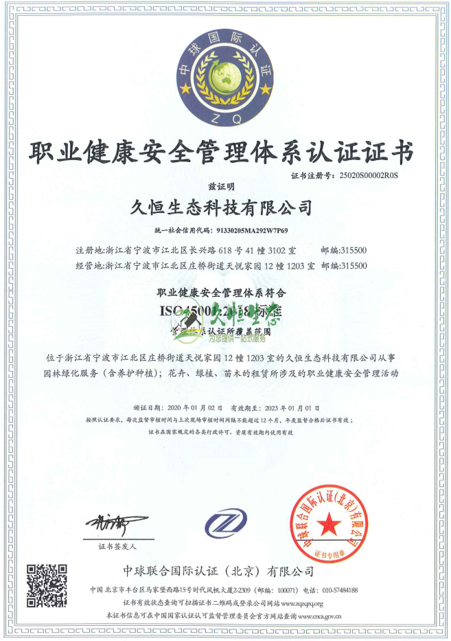 无锡新吴职业健康安全管理体系ISO45001证书